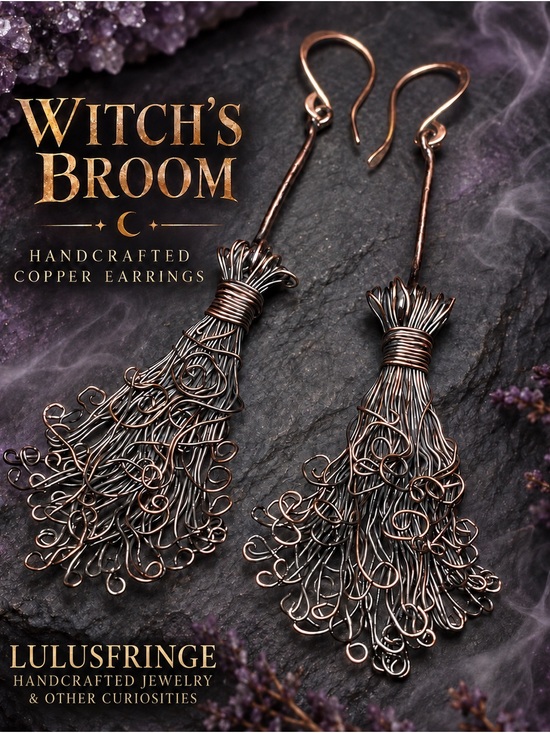 Artisan Jewelry - FINAL SALE Copper Witch's Broom Halloween Dangle Earrings - Artisan